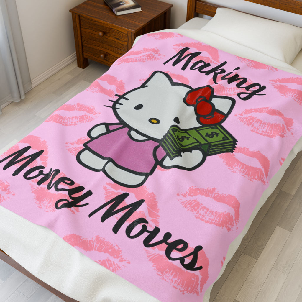 Plush Blanket — "Making Money Moves" Cute Kitty Cash Throw