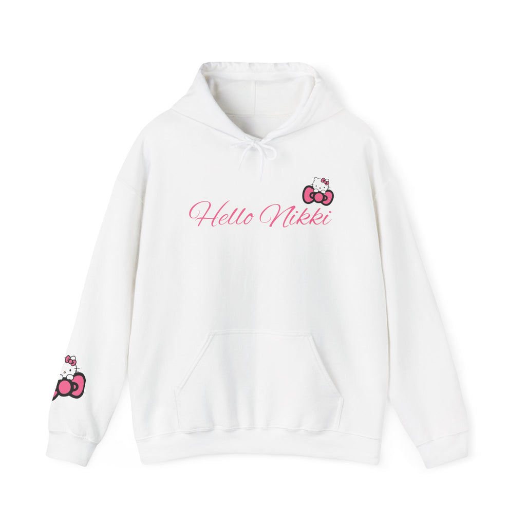 Hello Nikki Hoodie — Cute Pink Script & Kitty Bow Graphic Pullover