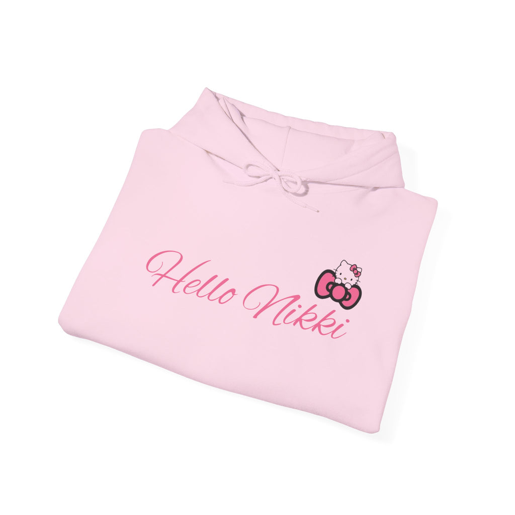 Hello Nikki Hoodie — Cute Pink Script & Kitty Bow Graphic Pullover