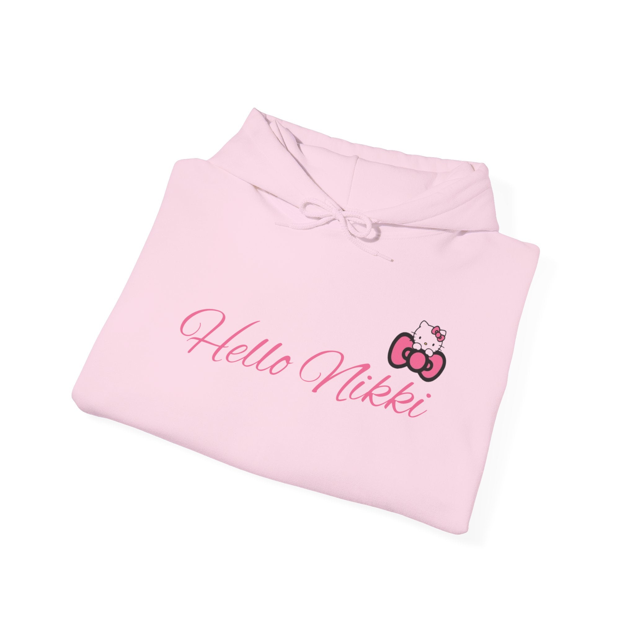 Hello Nikki Hoodie — Cute Pink Script & Kitty Bow Graphic Pullover