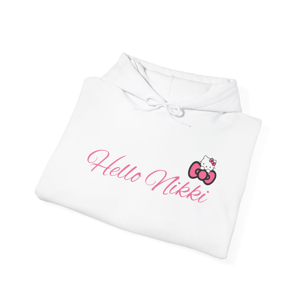 Hello Nikki Hoodie — Cute Pink Script & Kitty Bow Graphic Pullover